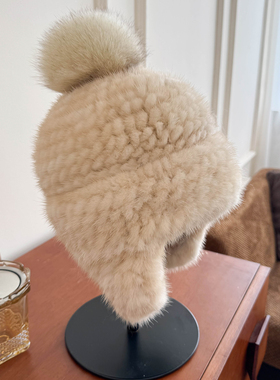 水貂编织护耳帽子狐狸毛球球百搭真毛皮草女帽秋冬保暖飞行帽