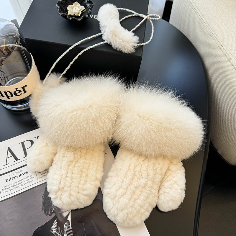 温暖皮草手套冬季室外旅行真毛狐狸毛连指保暖獭兔毛加厚可爱毛毛