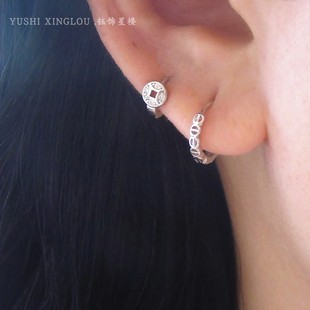 通勤小耳环S925纯银钱币耳骨小耳扣叠戴耳饰mi风迷你耳圈睡觉免摘