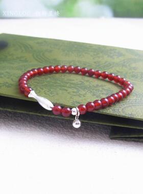 年年有鱼新中式红玛瑙串珠手链S925通体纯银小鱼串珠百搭锦鲤手串