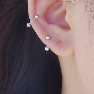 睡觉不摘纯银防敏耳钉 s925银拧螺丝直针两头圆珠U形半圈耳针弧形