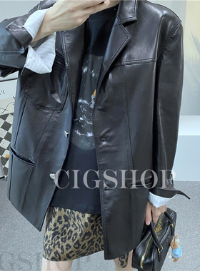 秋冬休闲宽松美式复古小个子机车服夹克黑色西装绵羊皮皮衣外套女