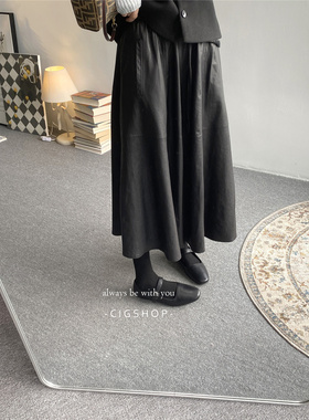 四季款赫本风半身皮裙 绵羊皮真皮半身裙黑色百搭中长款A字裙女