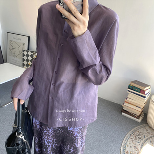 气质脱俗细支棉轻薄小众长袖衬衫薰衣草紫翻领衬衣丝绒休闲裤女