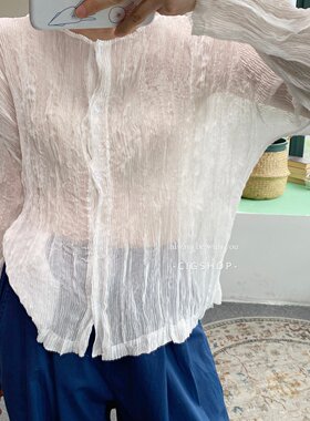 柳条褶皱长袖衬衫女春夏薄款开衫