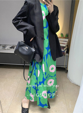 慵懒时髦黑色无领亚麻西装外套 小众多巴胺彩色太阳花无袖连衣裙