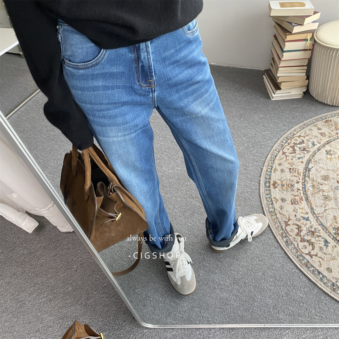 加绒加厚四面弹直筒烟管牛仔裤