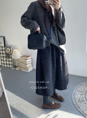似半裙 羊毛阔腿裤女2025秋冬新款宽松八分裤松紧腰裙裤显瘦黑色