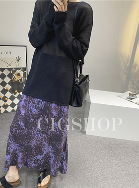 自由浪漫法式腔调 紫色豹纹高腰松紧斜裁砂洗真丝半身裙新款裙子