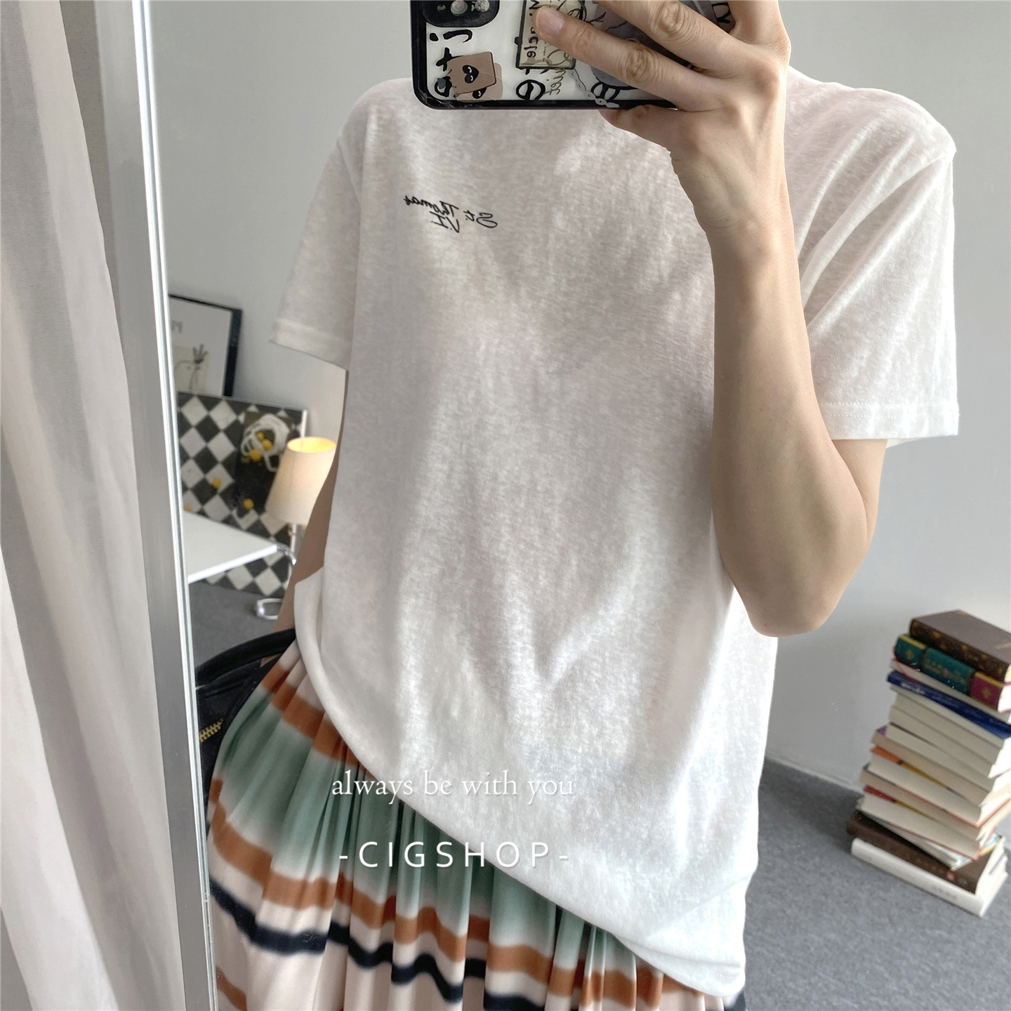 夏季新款法式复古果汁机樱花宽松短袖T恤女轻松搭配清爽白Tee