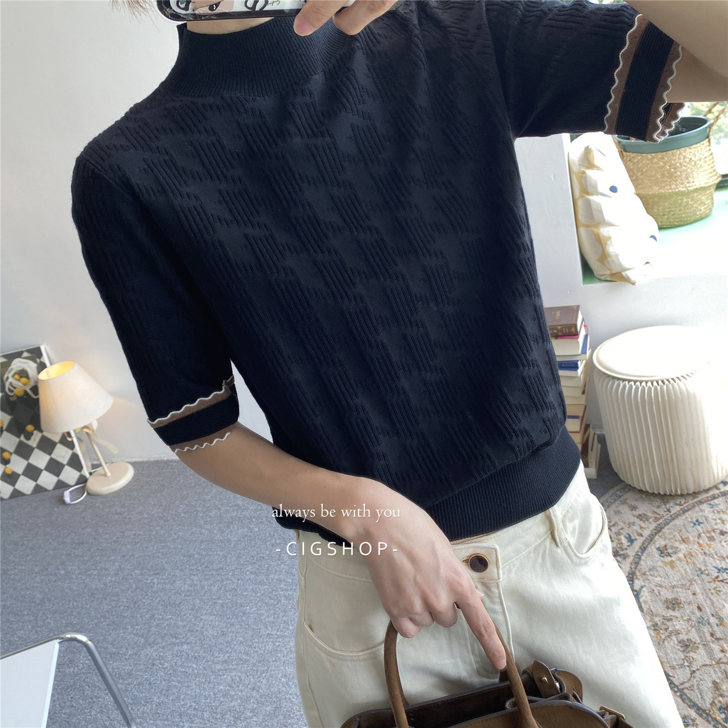 2025秋立领中袖立体织花肌理感美丽诺羊毛针织衫T恤打底上衣