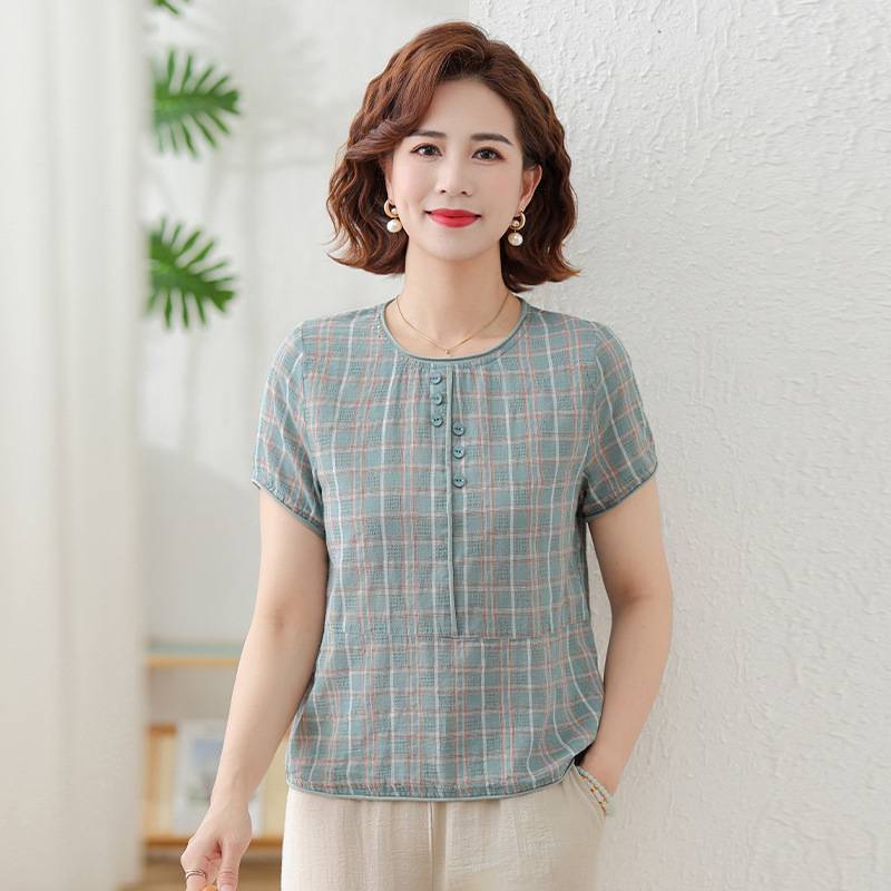 妈妈棉麻套装女夏2025新款时尚格子中年两件套休闲减龄亚麻阔腿裤