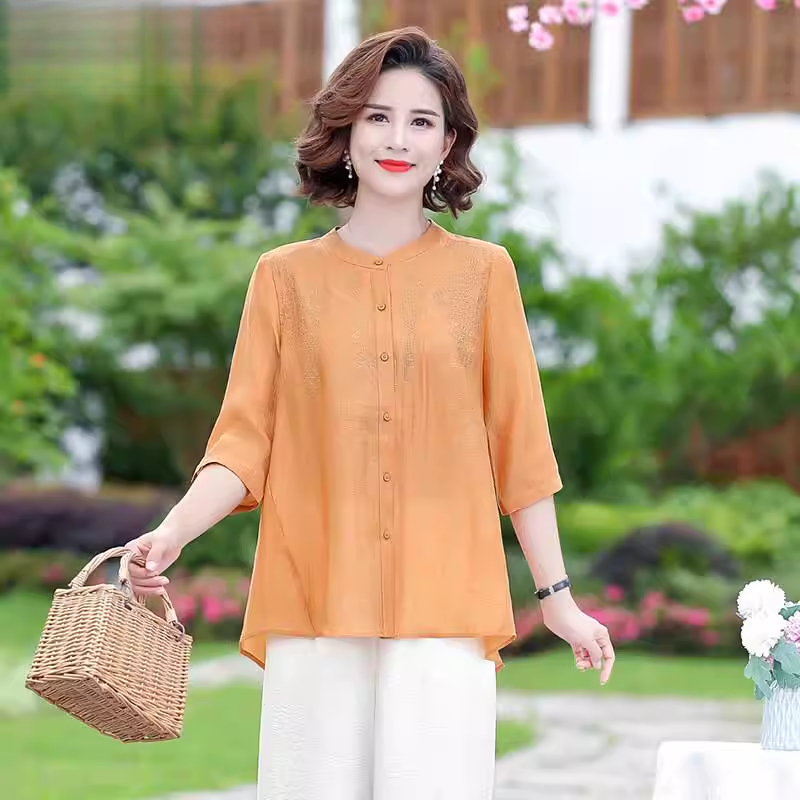 年轻妈妈夏装衬衫2025新款时尚洋气中老年女装大码套装宽松上衣服