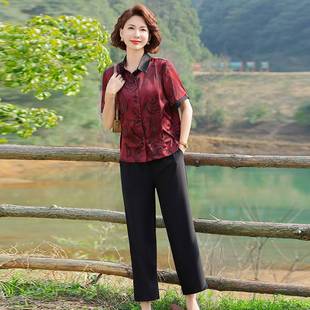 短袖 两件套 衬衫 显瘦百塔修身 妈妈装 衬衣时尚 新款 洋气夏季 中年女装