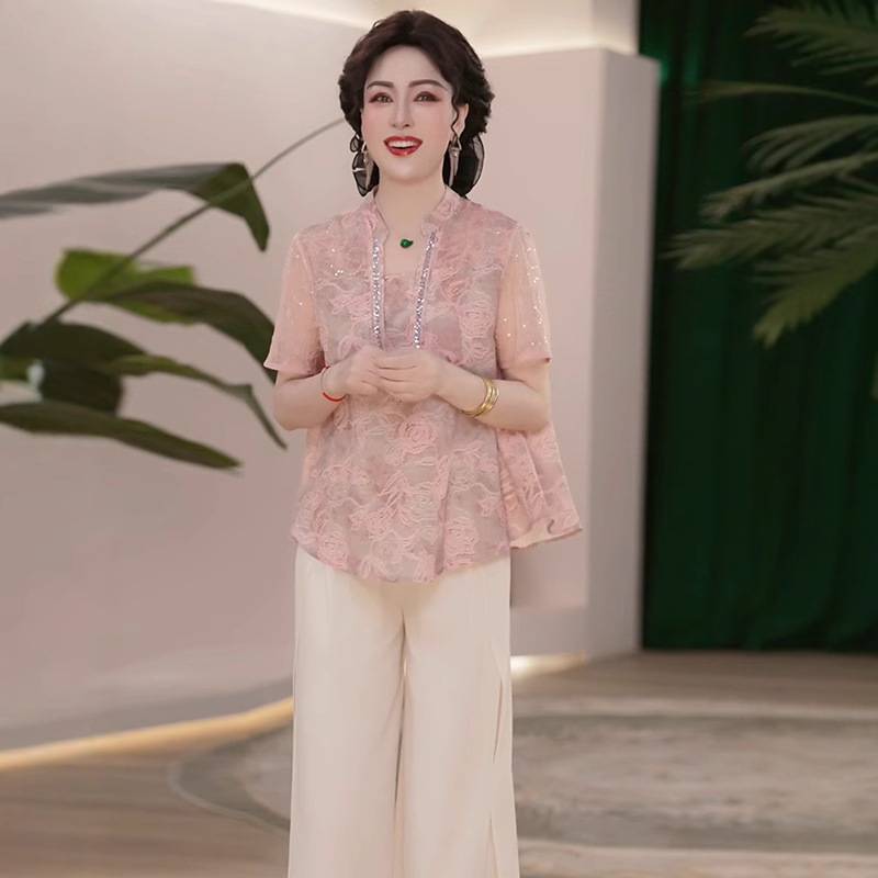 2025新款夏季妈妈装薄款时尚套装衬衣中老年女装洋气减龄T恤衣服