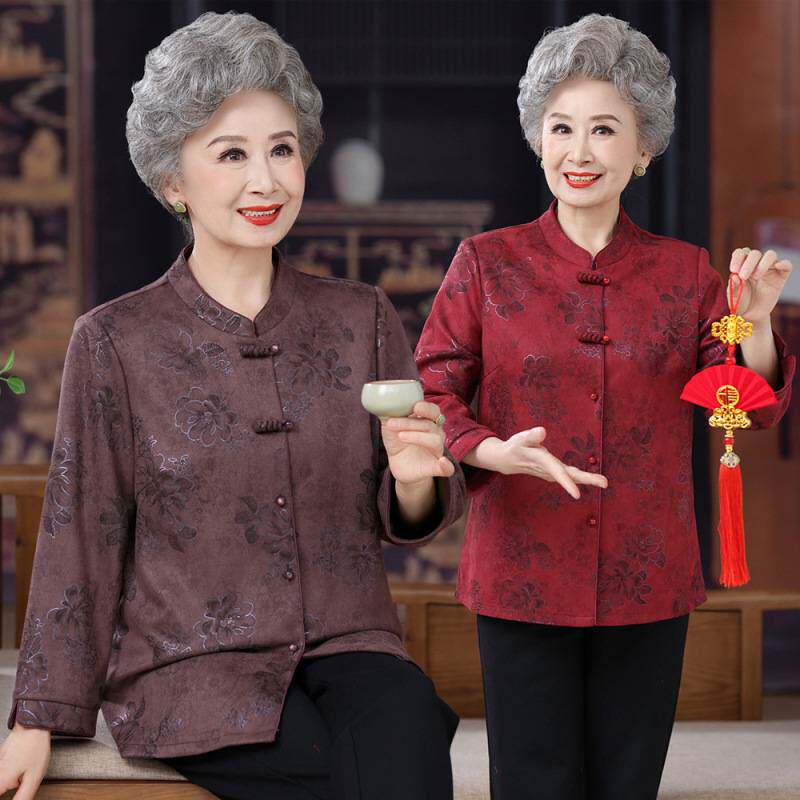 2025妈妈春秋装衬衣女洋气鹿绒皮衬衫奶奶国风秋装长袖上衣服外套