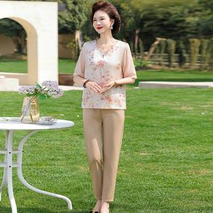 短袖 中年妈妈夏装 母亲节衣服仿天丝女夏季 洋气T恤小衫 薄上衣 中式