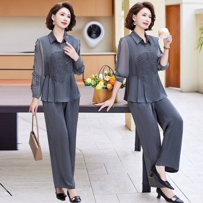 妈妈春装时尚套装2025新款洋气中年女士春夏长袖衬衫减龄两件套女
