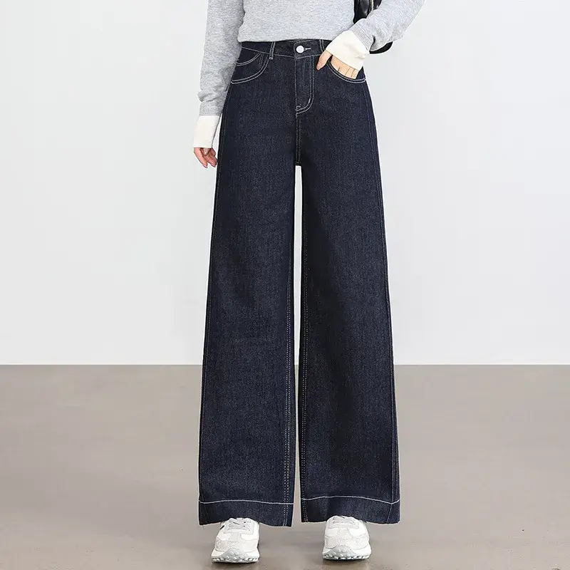复古丹宁蓝垂感直筒牛仔裤女2025春季新款宽松休闲时尚窄版阔腿裤