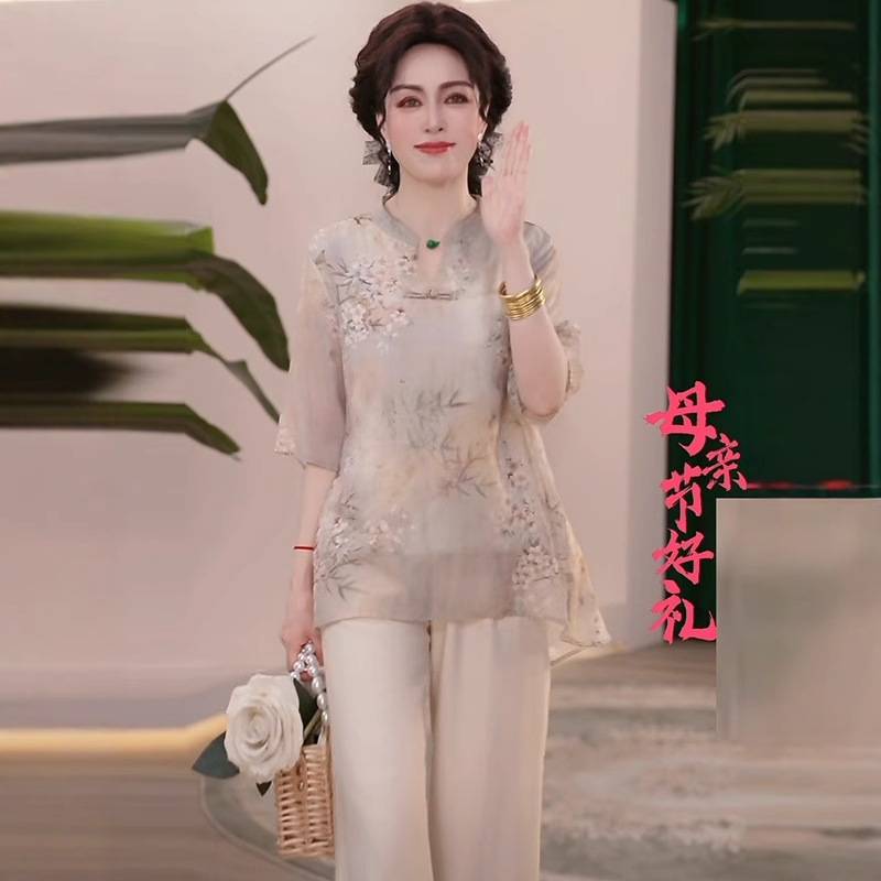 2025夏装新款妈妈装中国风套装洋气V领中年女装气质时尚两件套