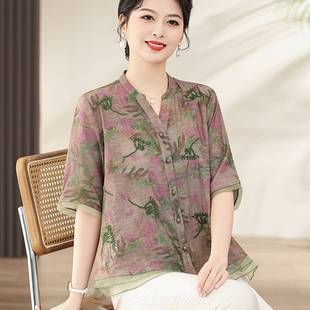 棉麻上衣中年短袖 2025新款 妈妈夏装 衬衫 中老年女夏季 T恤洋气小衫