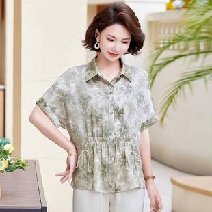 40岁 妈妈装 衬衫 潮 50岁宽松休闲中老年女装 彩绘抽绳夏季 时尚 新款