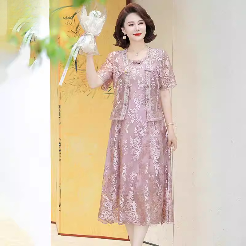 中老年女短袖两件套连衣裙女2025年夏天新款气质妈妈提花套装裙子
