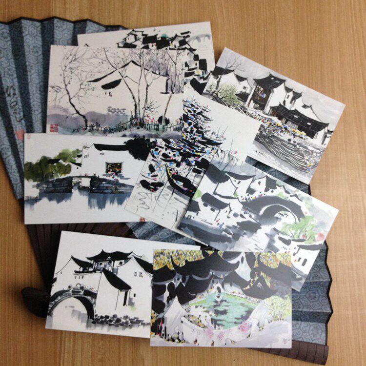 吴冠中画作江南水墨画明信片复古中国风祝福贺卡礼物卡片1套15张