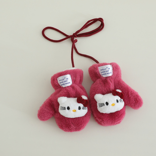 3-4岁5儿童男宝女宝小孩冬季卡通可爱加绒加厚保暖连指挂脖手套萌