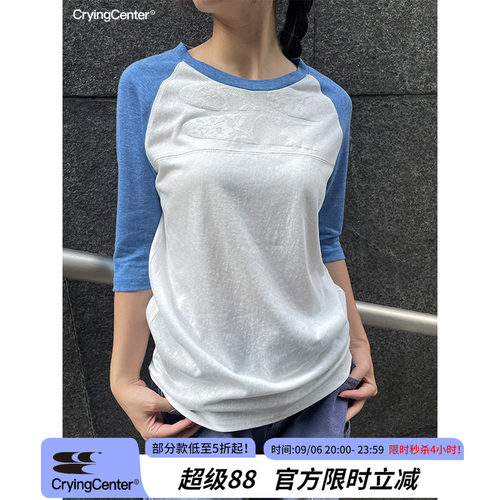 CryingCenter 蓝白插肩轻薄蕾丝七分袖夏日修身t恤 哭喊中心