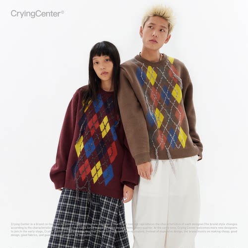 CryingCenter 星星节日彩灯菱格纹宽松圆领毛衣 哭喊中心