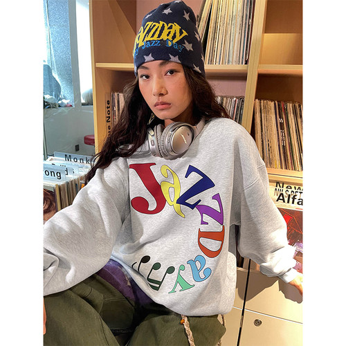 CryingCenterJazzDay环形音符花灰套头宽松加绒卫衣 哭喊中心