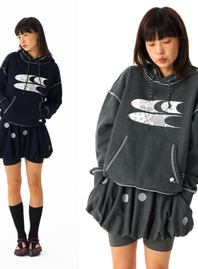 CryingCenter 条纹小花蕾丝印花抓绒连帽合身中短款卫衣 哭喊中心