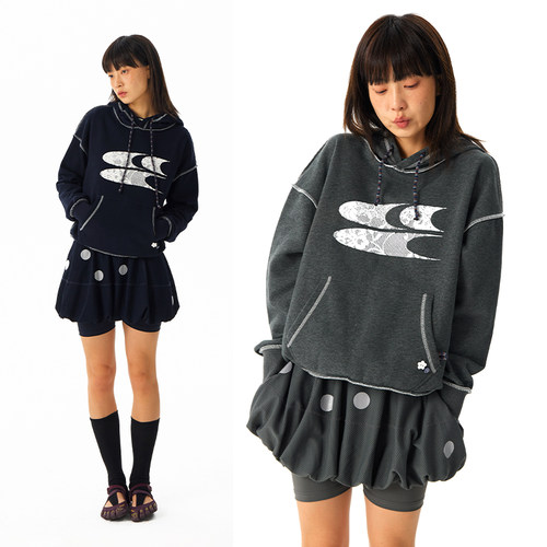 CryingCenter 条纹小花蕾丝印花抓绒连帽合身中短款卫衣 哭喊中心