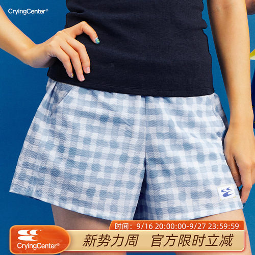 CryingCenter 泡泡纱浅蓝手绘格纹宽松居家休闲短裤 哭喊中心