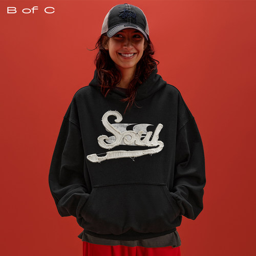 CryingCenter联名bofc Soul贴布绣洗水破坏做旧boxy复古连帽卫衣