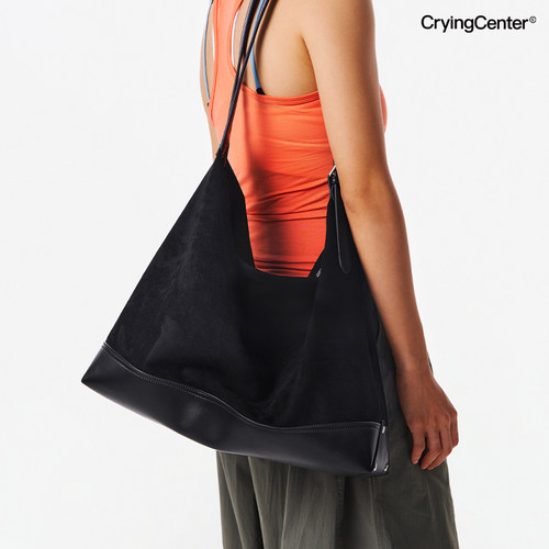 CryingCenter  黑色麂皮绒拼接大容量双肩带斜挎包手提包皮包