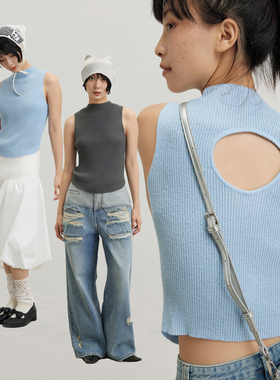 CryingCenter baby蓝深灰后背镂空泡泡纱针织紧身小背心 哭喊中心