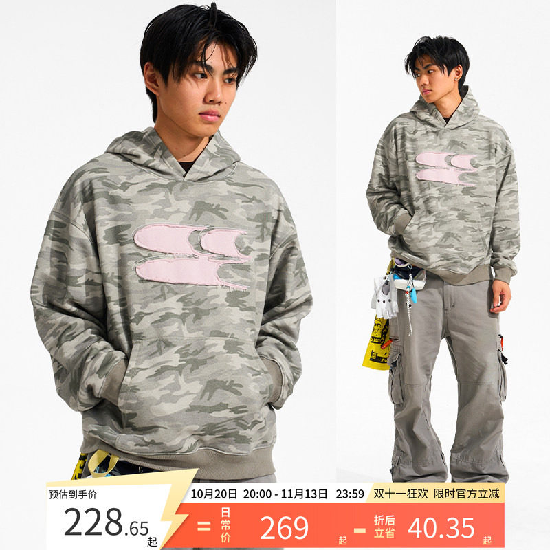 CryingCenter复古贴布刺绣logo秋冬迷彩连帽套头卫衣加绒 中性款
