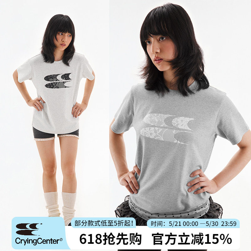CryingCenter 蕾丝logo正肩圆领宽松T恤 哭喊中心