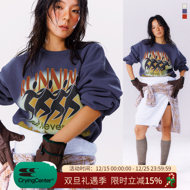 CryingCenter夜跑俱乐部做旧复古裂纹印花宽松加绒卫衣 男女款