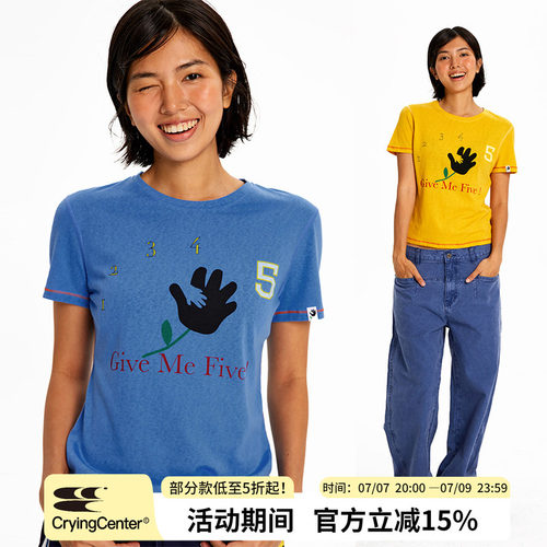 CryingCenter给我五!击掌印花撞色哈苏圆领正肩雪花棉短袖