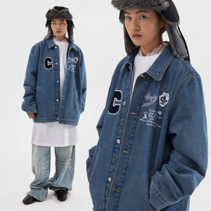 CryingCenter 手写字刺绣洗水牛仔棒球夹克夹棉外套美式 哭喊中心