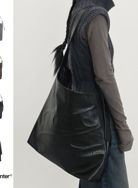 CryingCenter 黑色油蜡大容量单肩斜挎皮包可调节托特包 哭喊中心