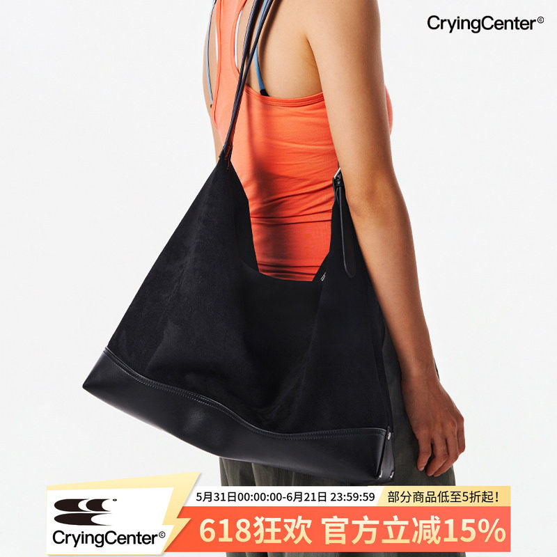 CryingCenter 黑色麂皮绒拼接大容量双肩带斜挎包手提包皮包