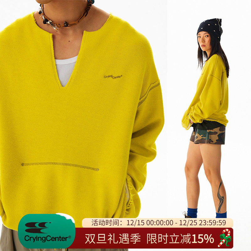 CryingCenter 双面穿开叉弯刀袖宽松毛圈短卫衣 哭喊中心