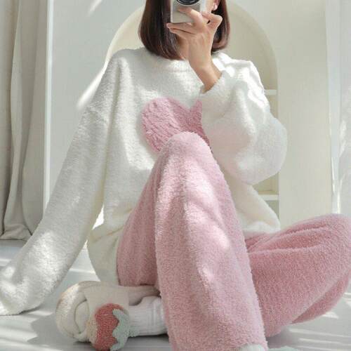 分销冬季爱心半边绒睡衣女宽松加绒保暖甜美可爱风家居服两件套装