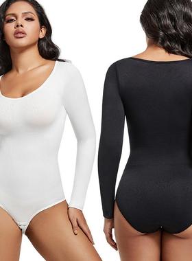 欧美大码长袖无缝塑身衣女士束身衣收腹产后提臀美体三角连体衣