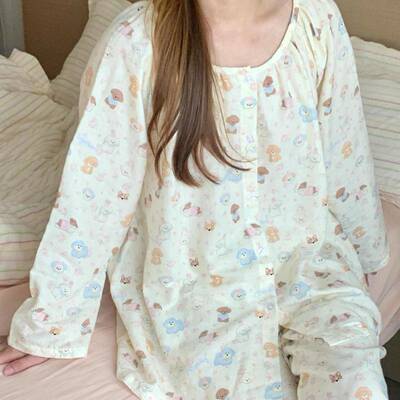 泡芙小狗双层纱套装睡衣女春秋季长袖长裤卡通少女感可外穿居家服