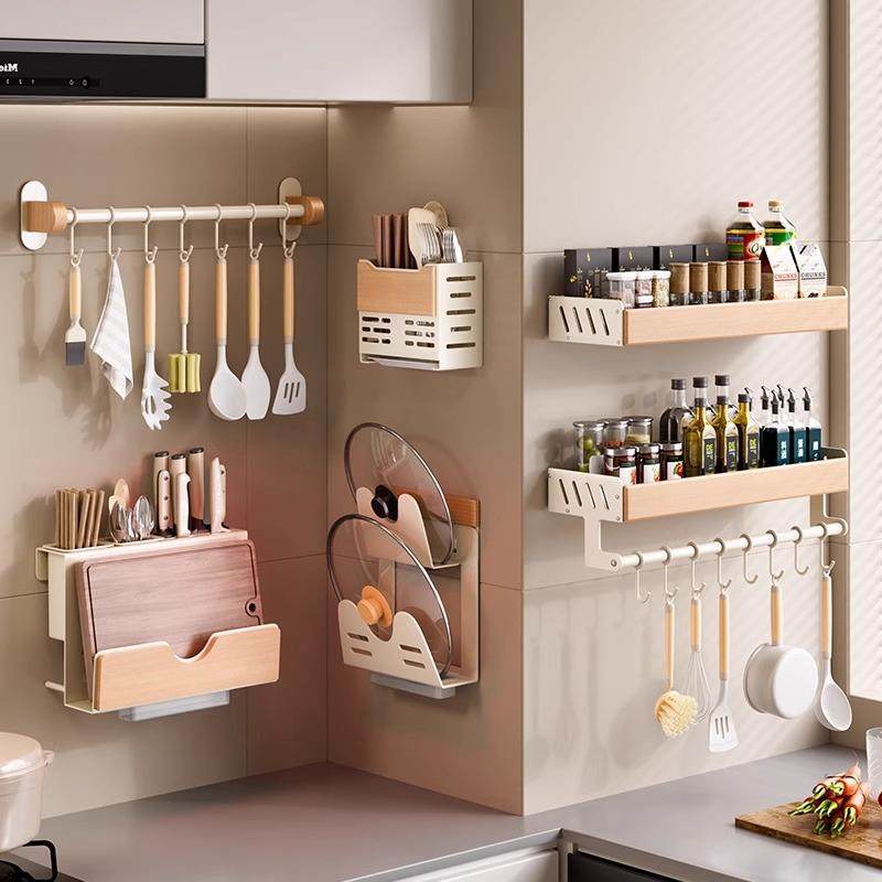 奶油风原木厨房置物架免打孔多功能壁挂式锅盖刀筷勺子调料收纳架,厨房/烹饪用具,抹布架/厨房清洁收纳架,淘宝优惠券,粉丝福利购,淘宝优惠卷